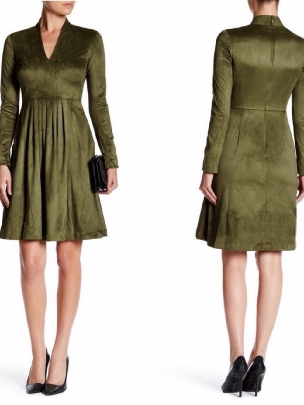 Catherine Malandrino Olive V-Neck Long Sleeve A-Line Dress